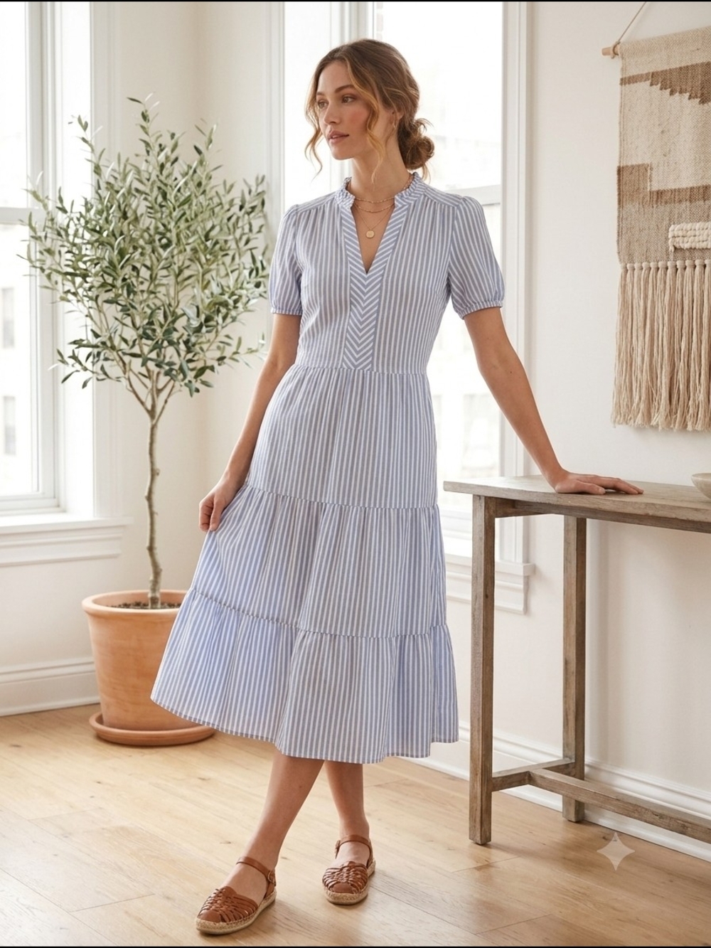 Monteau Chambray and White Striped Tiered Flowy Midi Dress